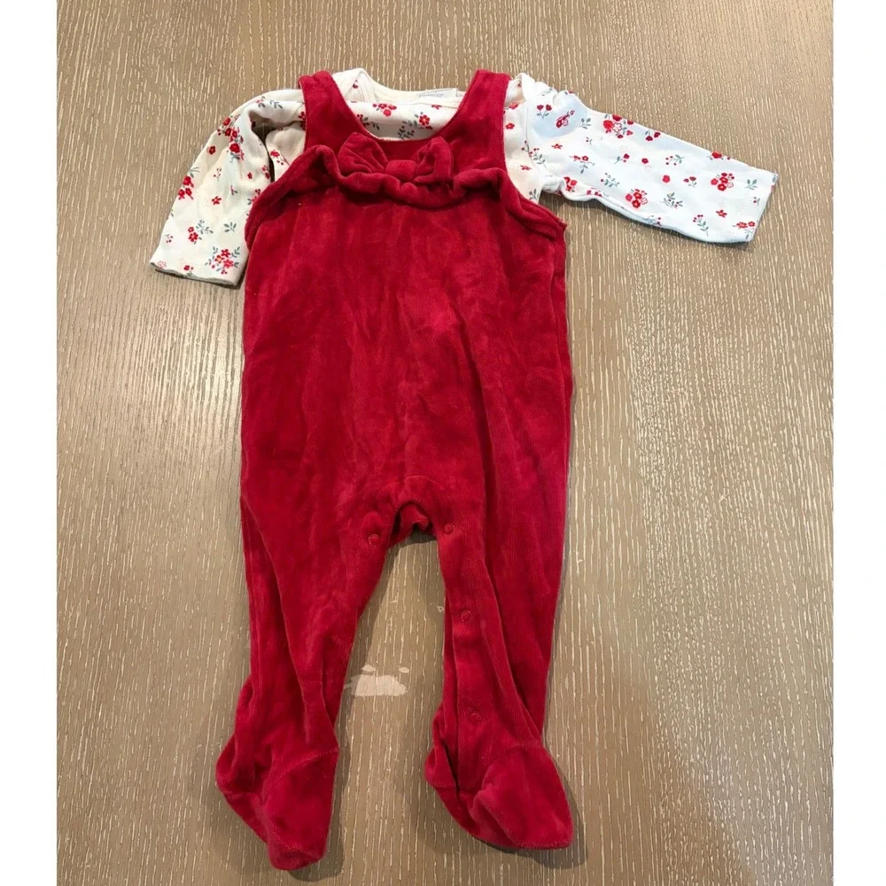 First Impressions Baby Girls Red Velour Floral Footed Romper Lot 6-9 Months